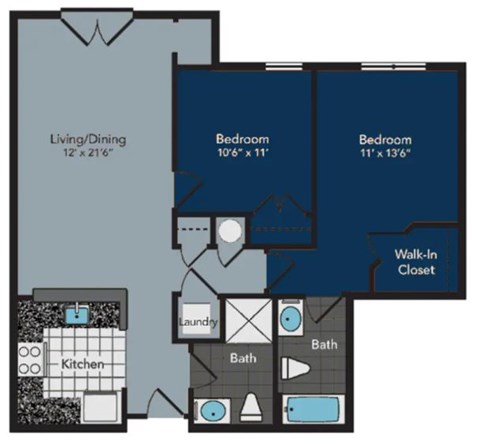 Floor plan for 2 beds, 2 baths, 933 sqft